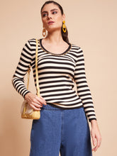 Buy Online Round Neck Ribbed Hem Full Sleeves Black & White Striped Regular Fit Knitted Pullover
