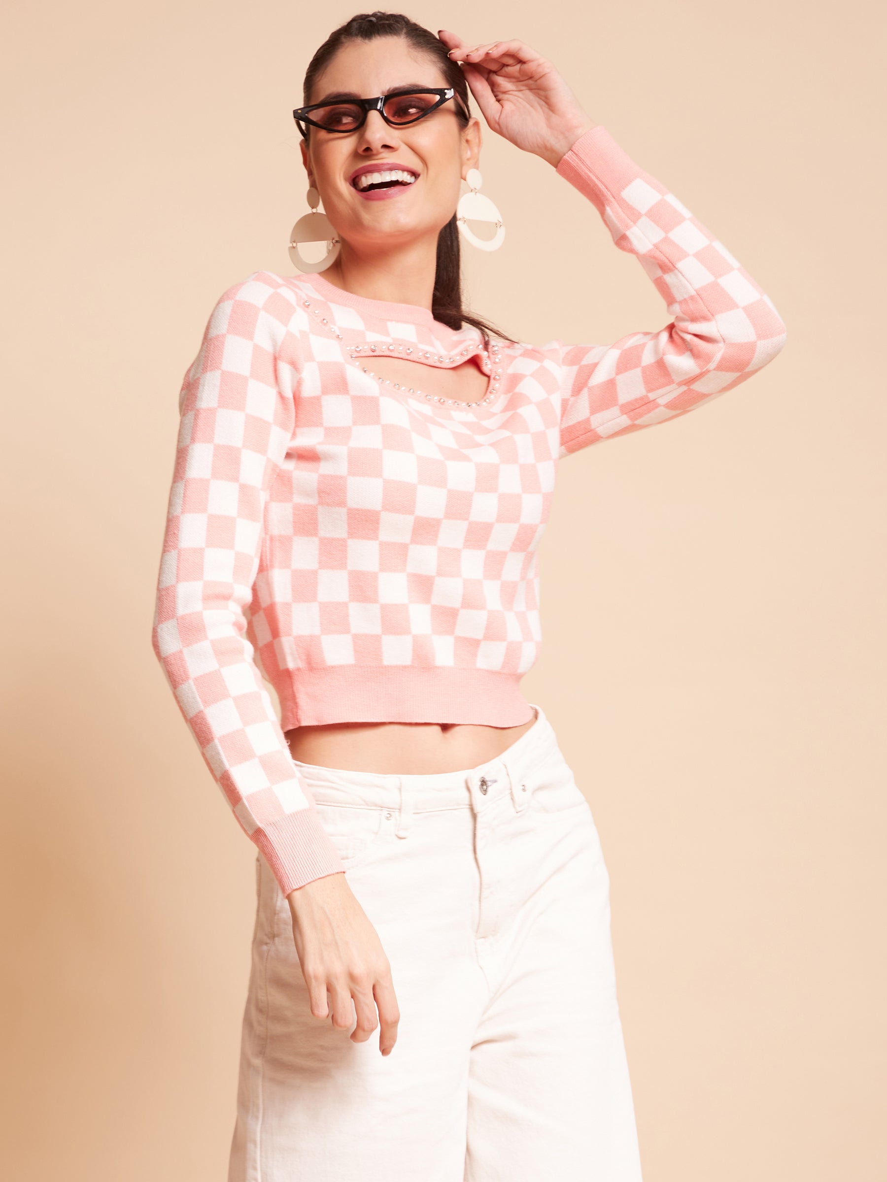 Women Asymmetric Neck Ribbed Hem Pink Jacquard Pullover