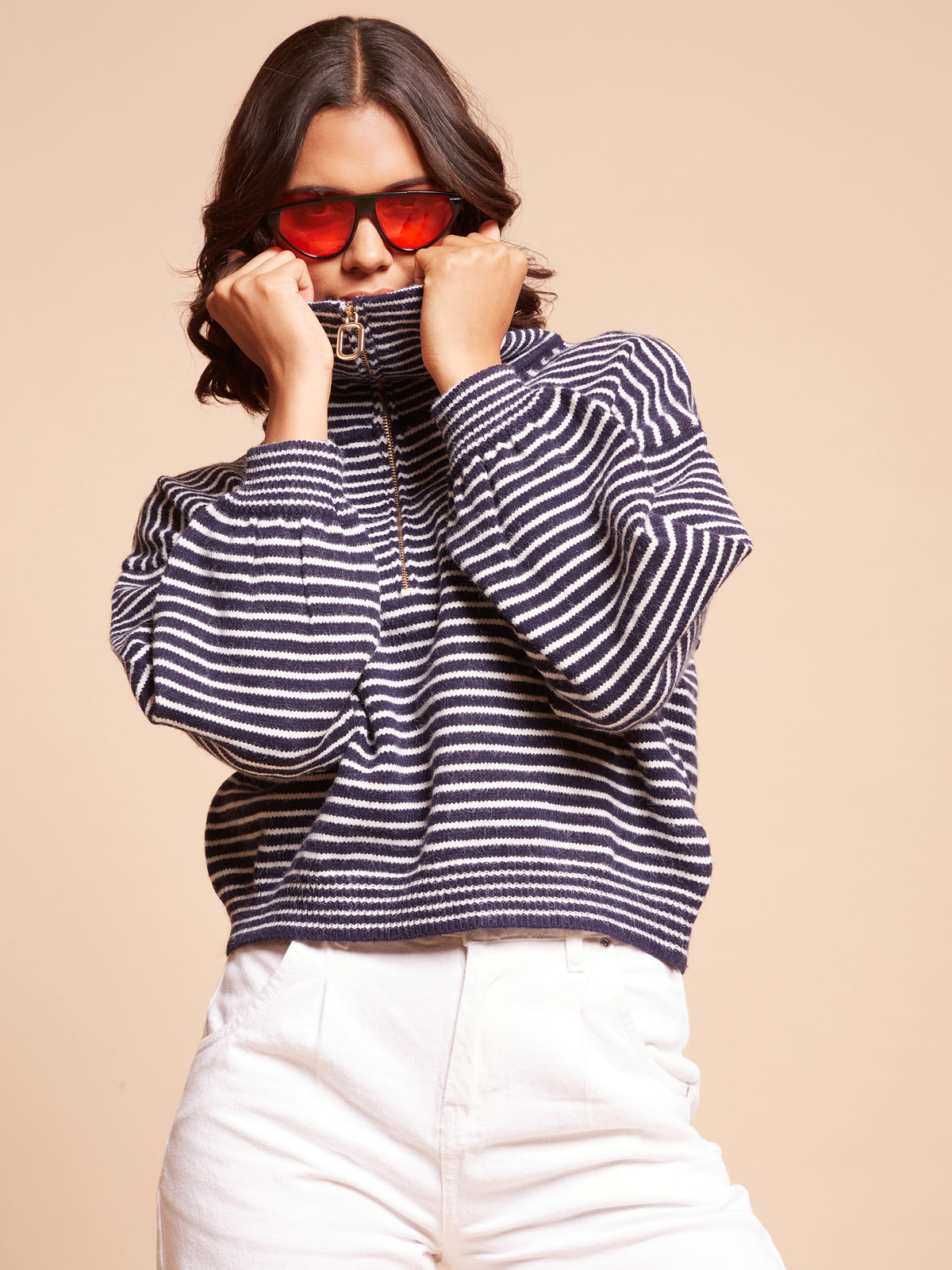 Women Spread Collar Loose Full Sleeves Navy Jacquard Loose Fit Polyester Pullover