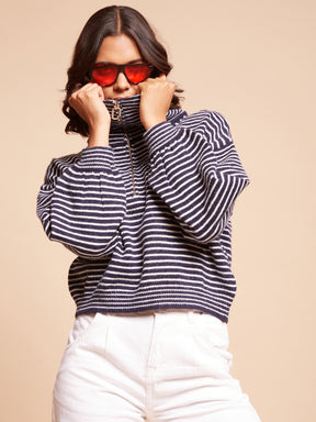 Women Spread Collar Loose Full Sleeves Navy Jacquard Loose Fit Polyester Pullover