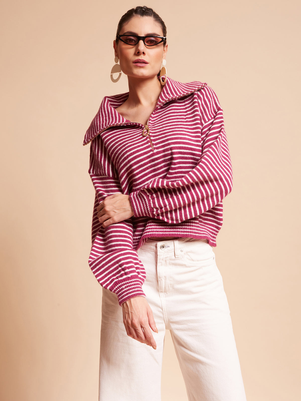 Women Spread Collar Loose Raspberry Stripped Jacquard Loose Fit Pullover