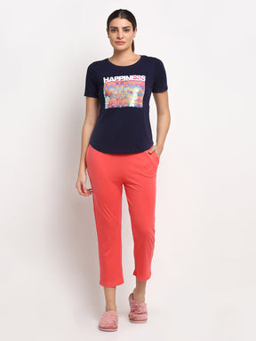 Women Navy Blue and Pink Round Neck Printed Night Suit