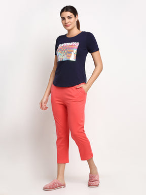 Women Navy Blue and Pink Round Neck Printed Night Suit