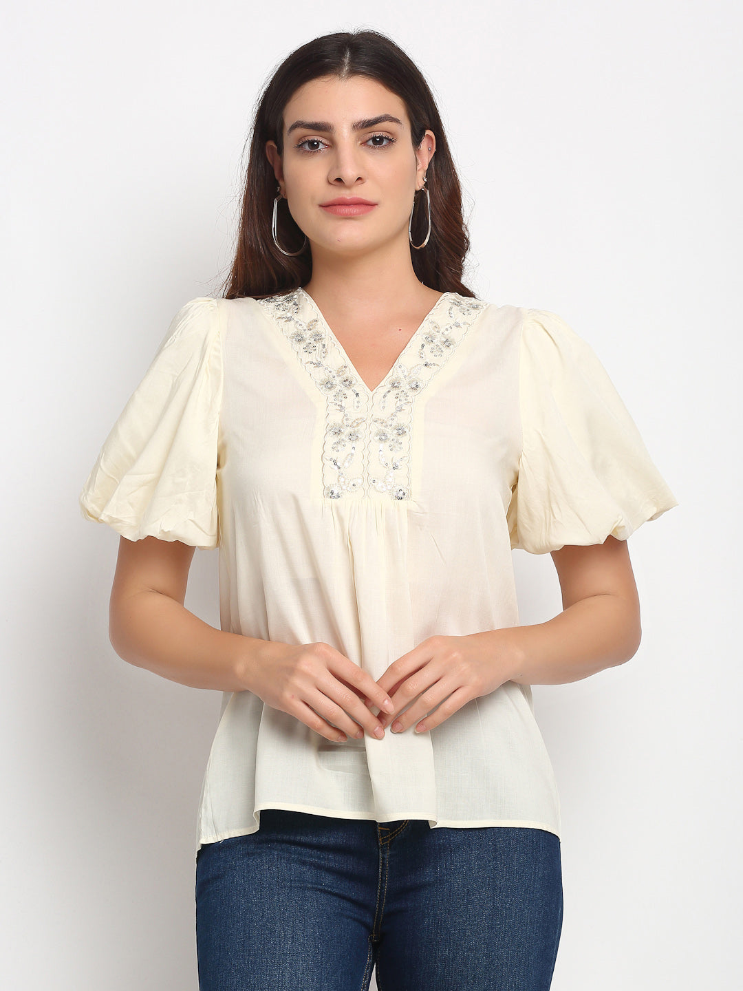 Women Beige Viscose Rayon Puffed Sleeves Top