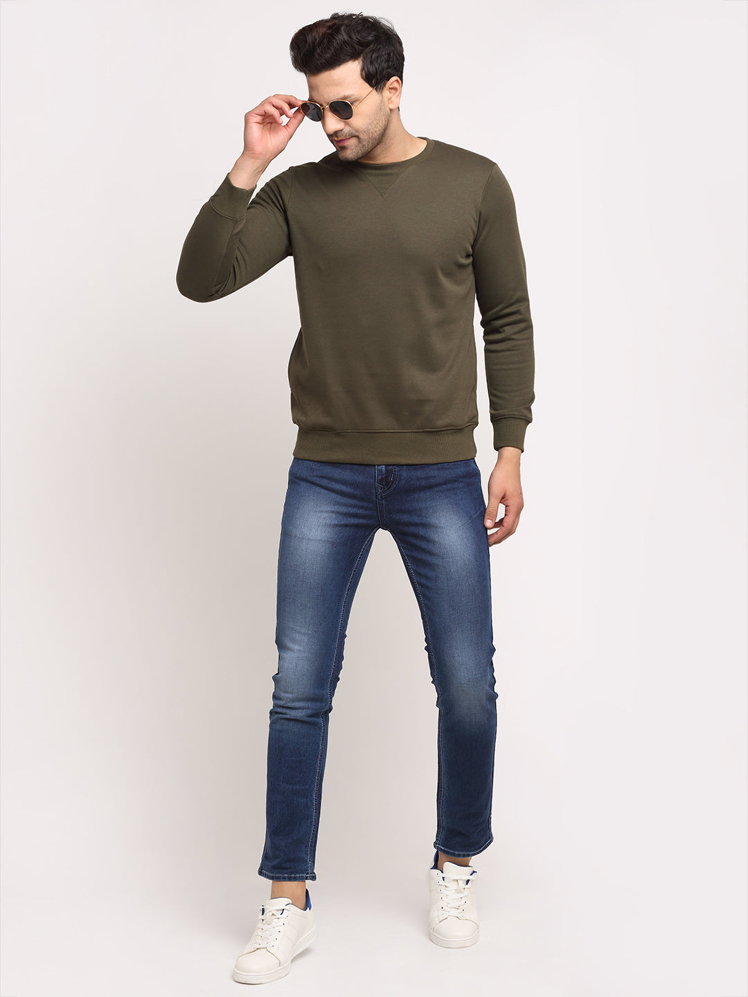 Men Olive Solid Round Neck Full Sleeve Sweatshirt - Global Republic