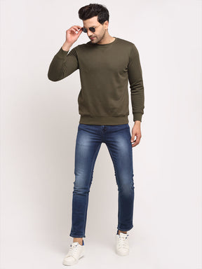 Men Olive Solid Round Neck Full Sleeve Sweatshirt