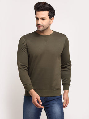 Men Olive Solid Round Neck Full Sleeve Sweatshirt