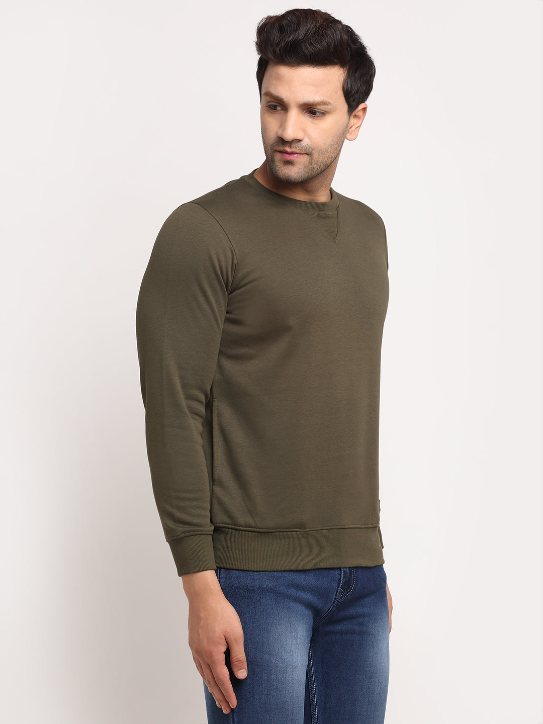 Men Olive Solid Round Neck Full Sleeve Sweatshirt