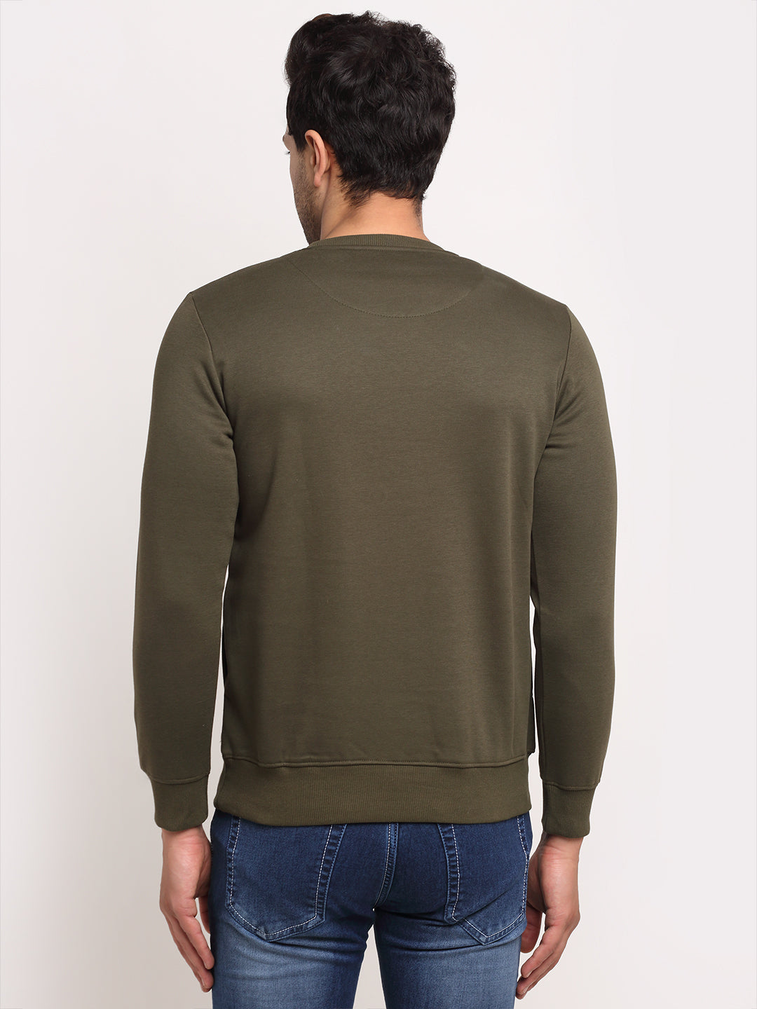 Men Olive Solid Round Neck Full Sleeve Sweatshirt