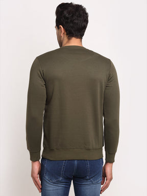 Men Olive Solid Round Neck Full Sleeve Sweatshirt