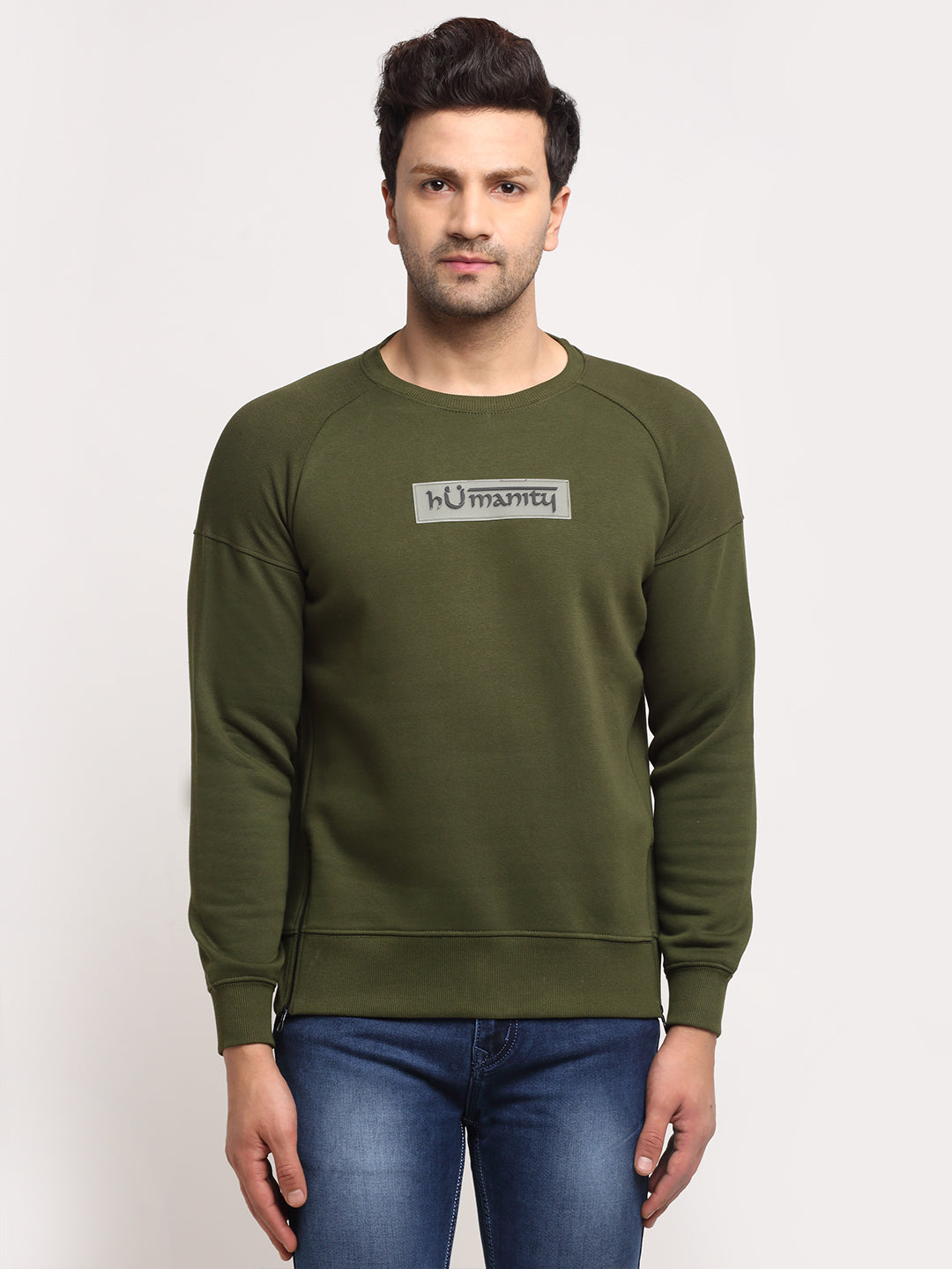 Men Olive Round Neck Solid Sweatshirt