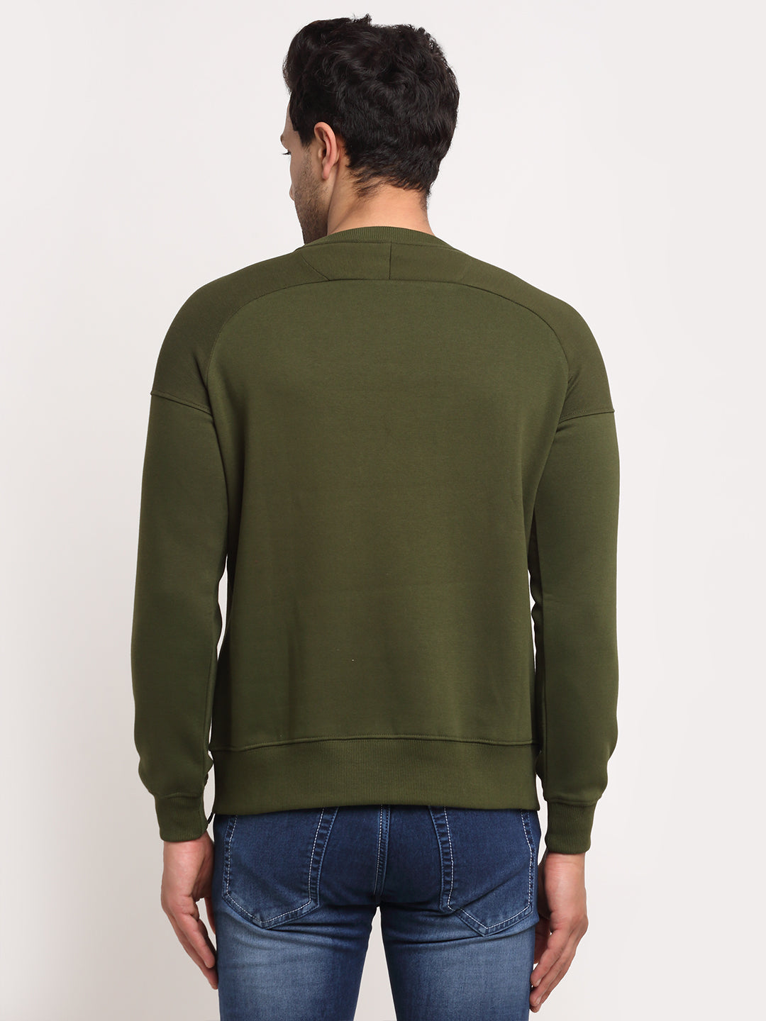 Men Olive Round Neck Solid Sweatshirt