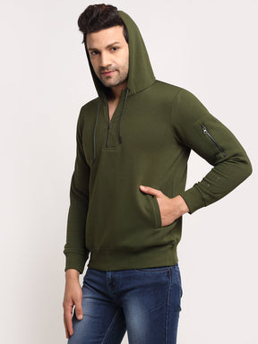 Men Olive Solid Hooded Sweatshirt