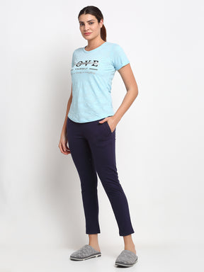 Women Blue Round Neck Printed Night Suit