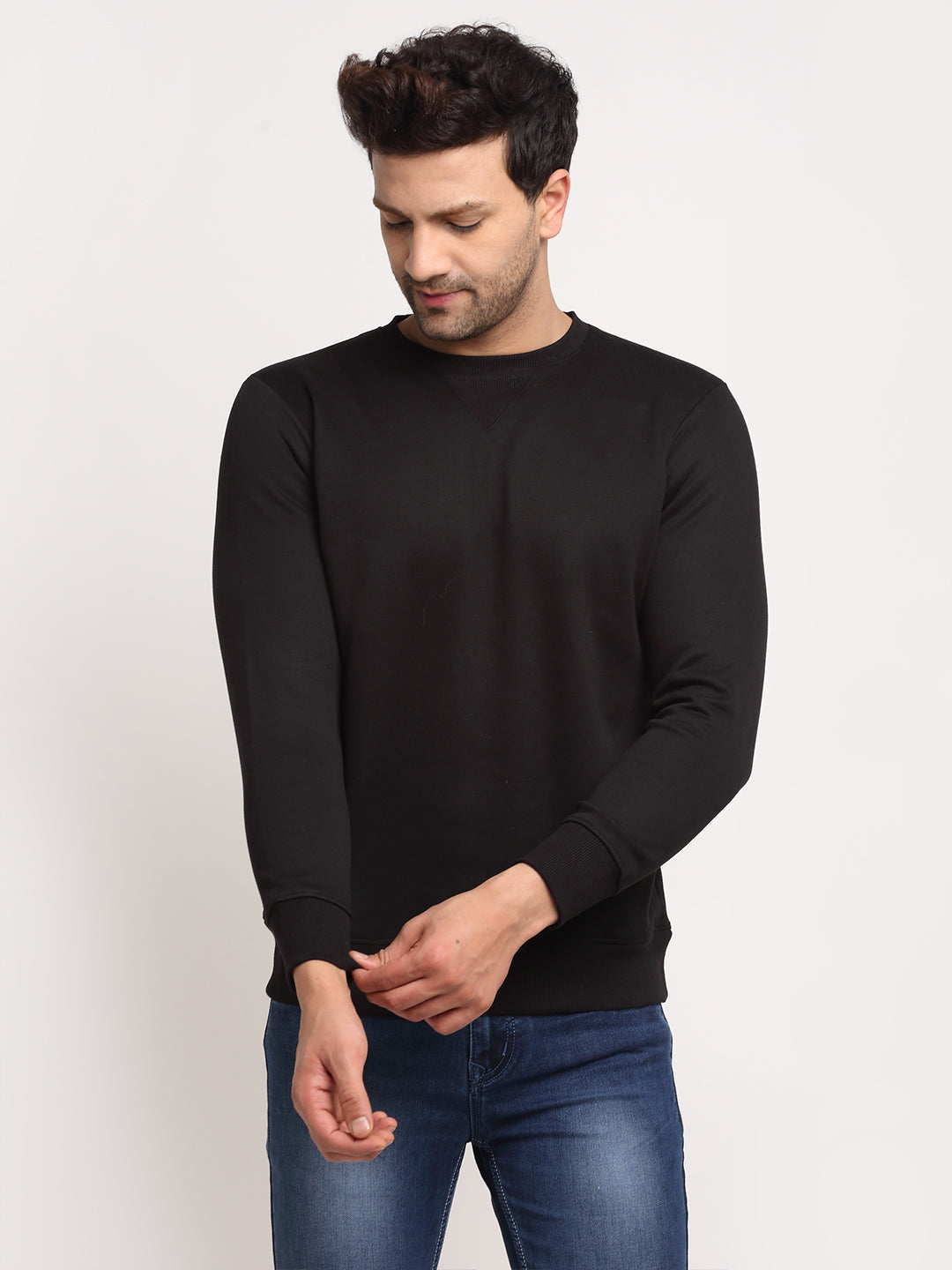Men Black Round Neck Solid Sweatshirt