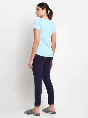 Women Blue Round Neck Printed Night Suit