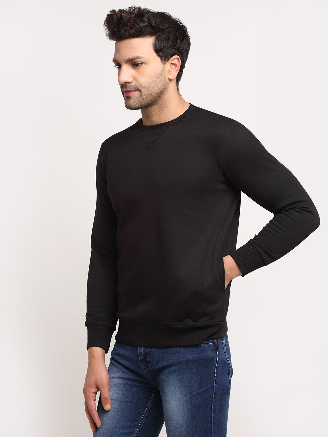 Men Black Round Neck Solid Sweatshirt