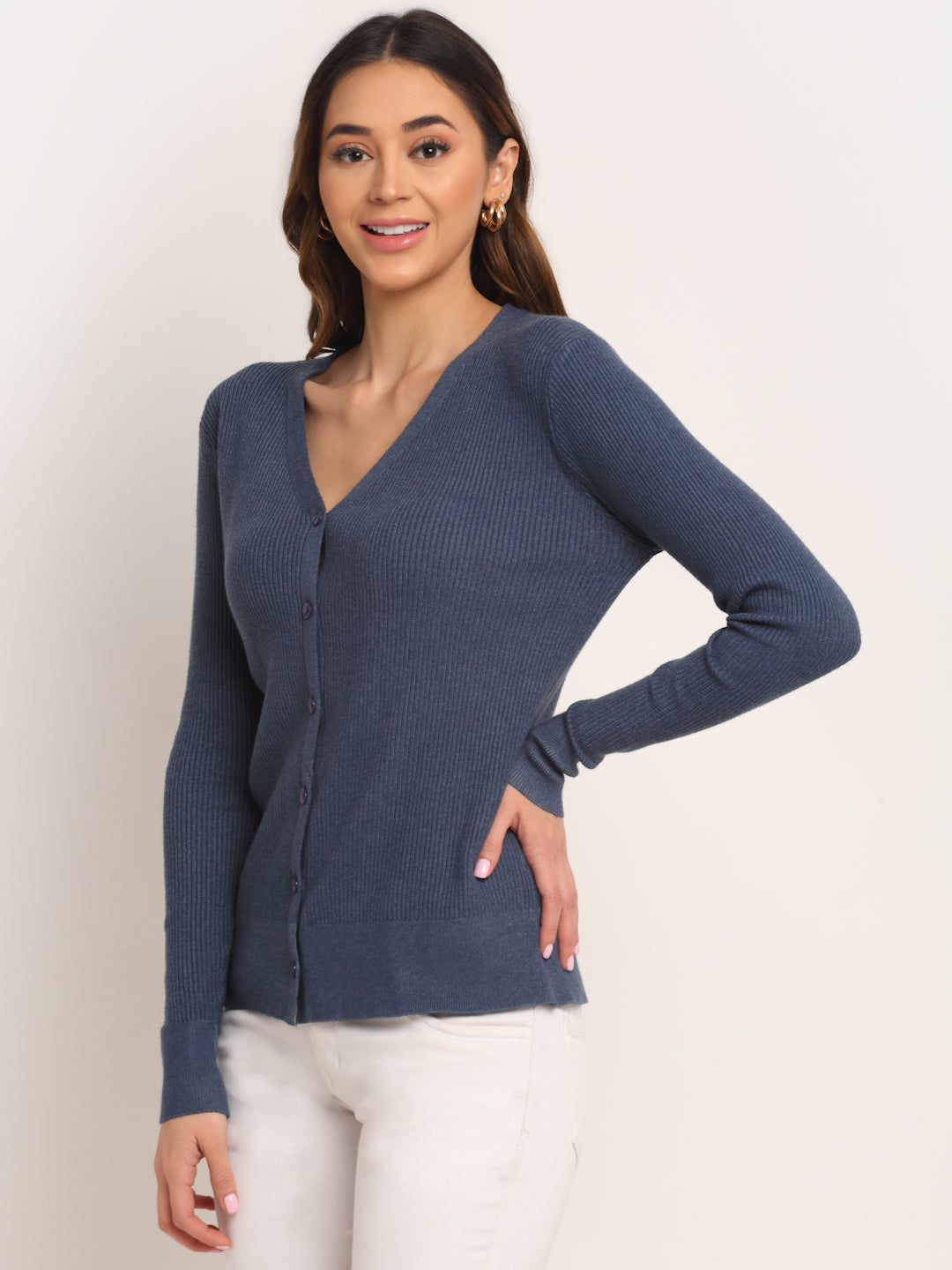 Shop Online Women Blue V-Neck KNIT Solid Cardigan