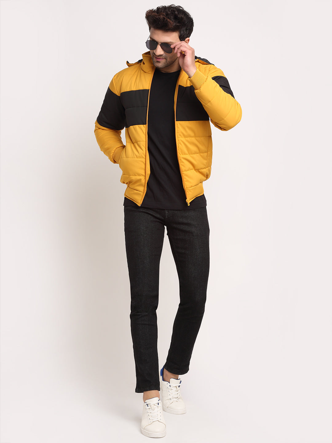 Men Mustard Hooded Printed Jacket