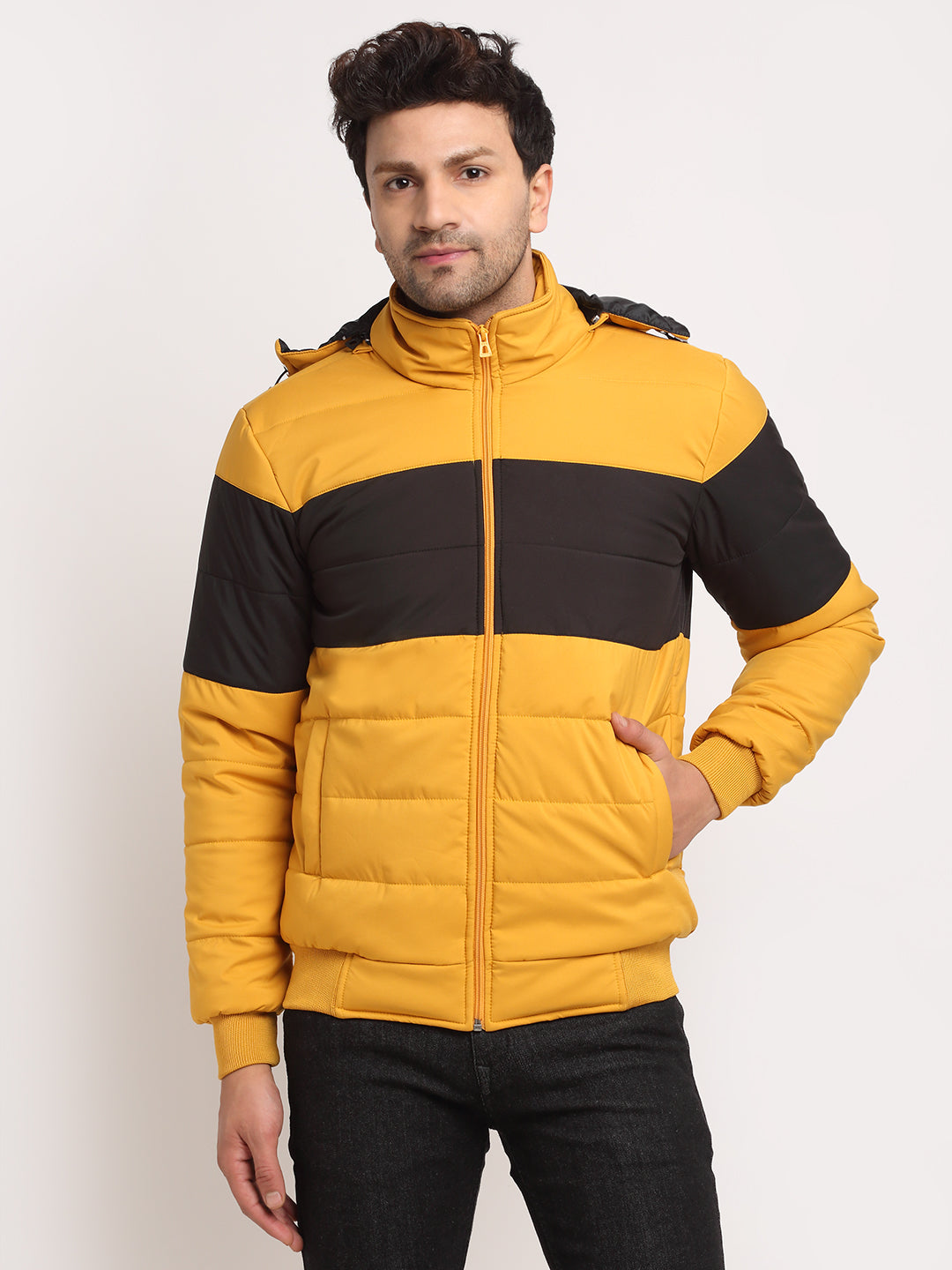 Men Mustard Hooded Printed Jacket