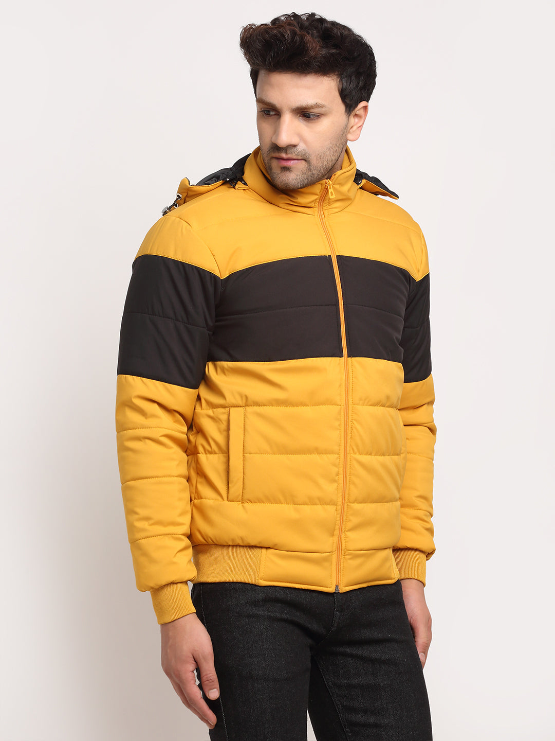 Men Mustard Hooded Printed Jacket