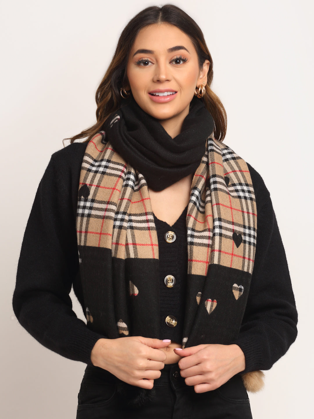 Women Black Viscose Rayon Checked Stole