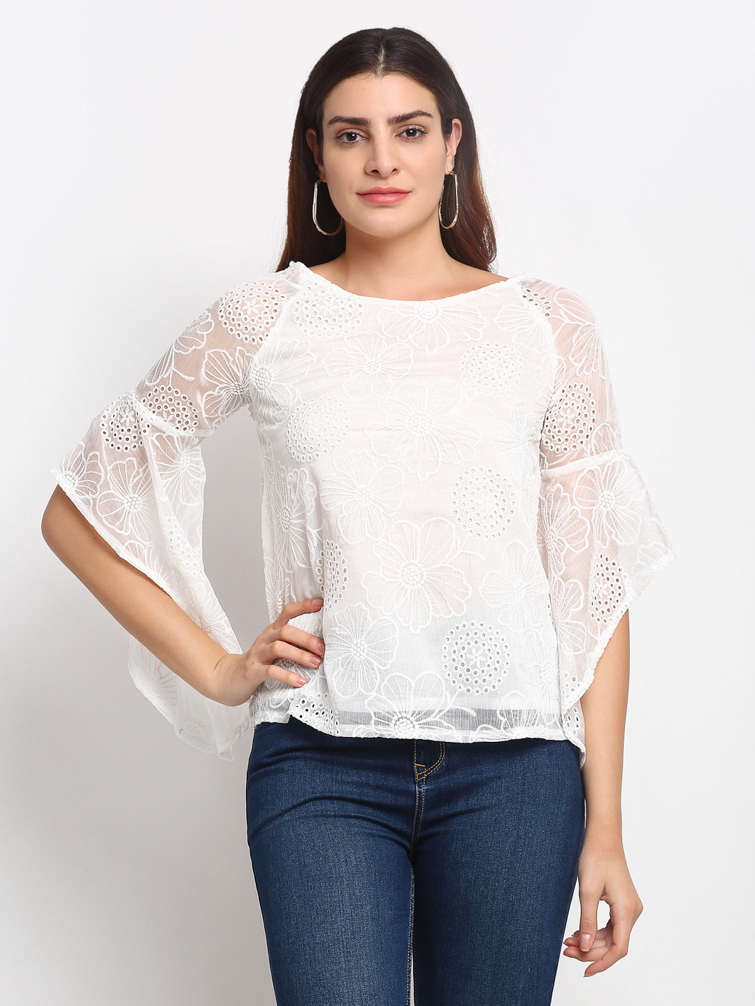 Women White Round Neck Solid Top