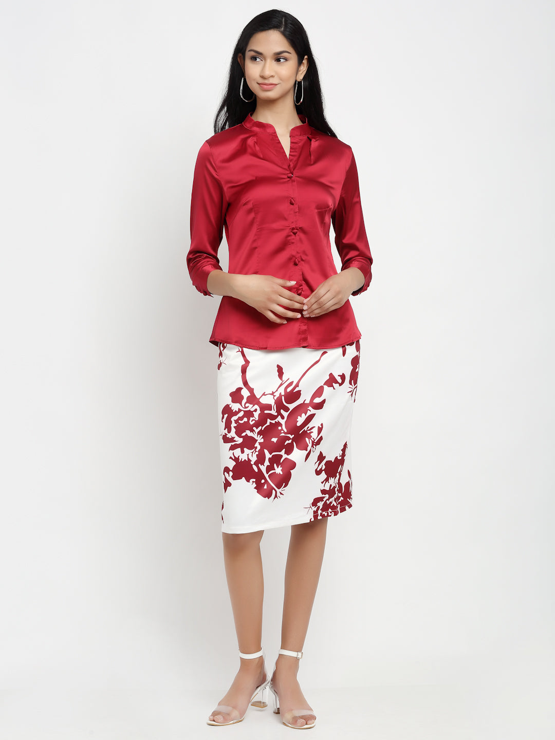 women maroon mandarin collar floral printed dress