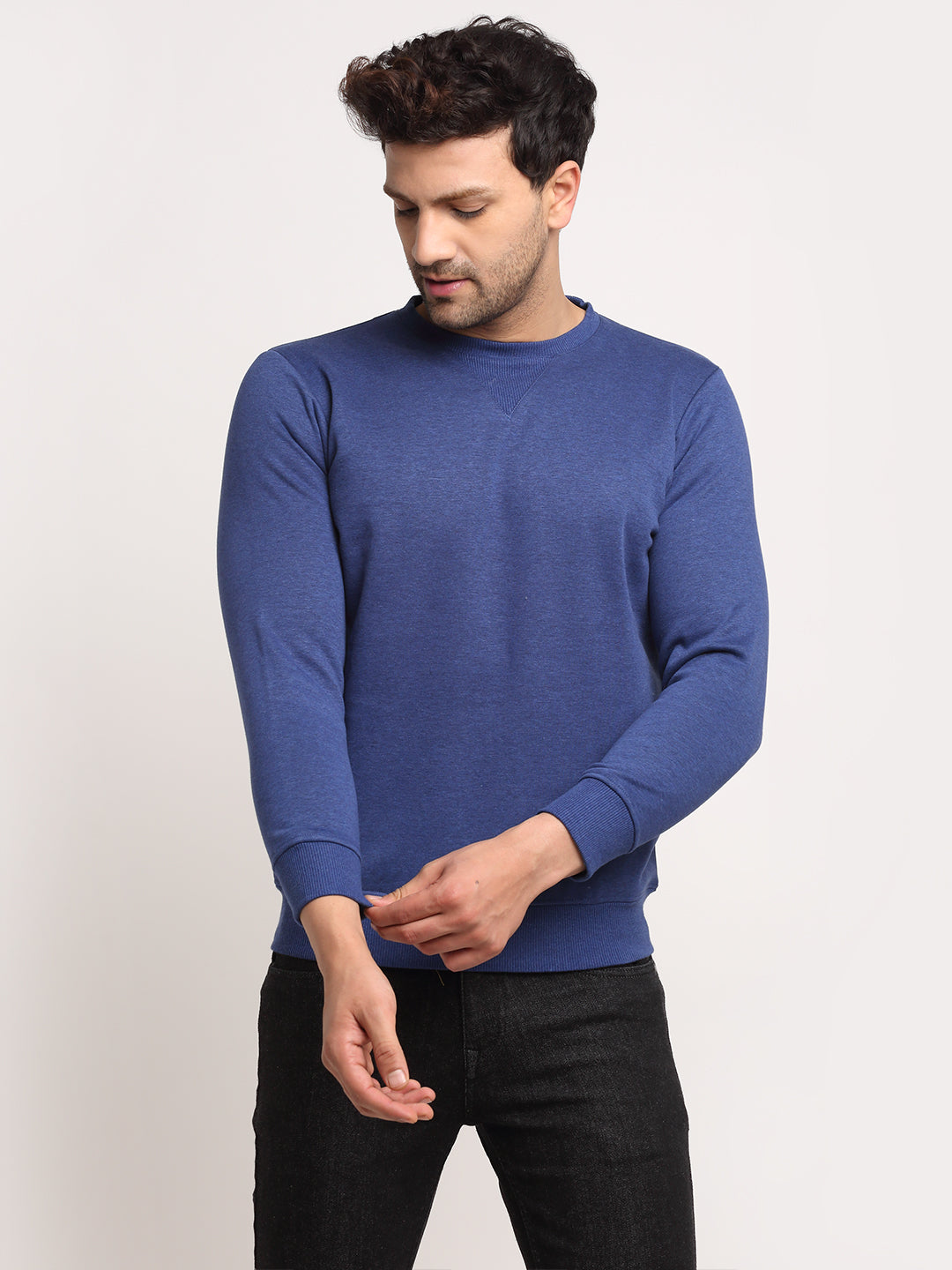 Men Blue Round Neck Solid Sweatshirt