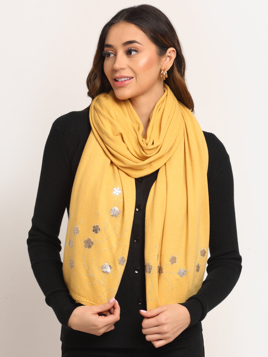 Women Yellow Knit Solid Stole