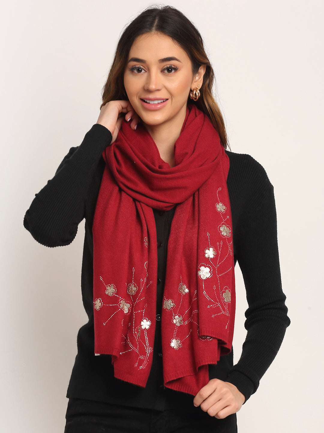Women Red Knit Solid Stole
