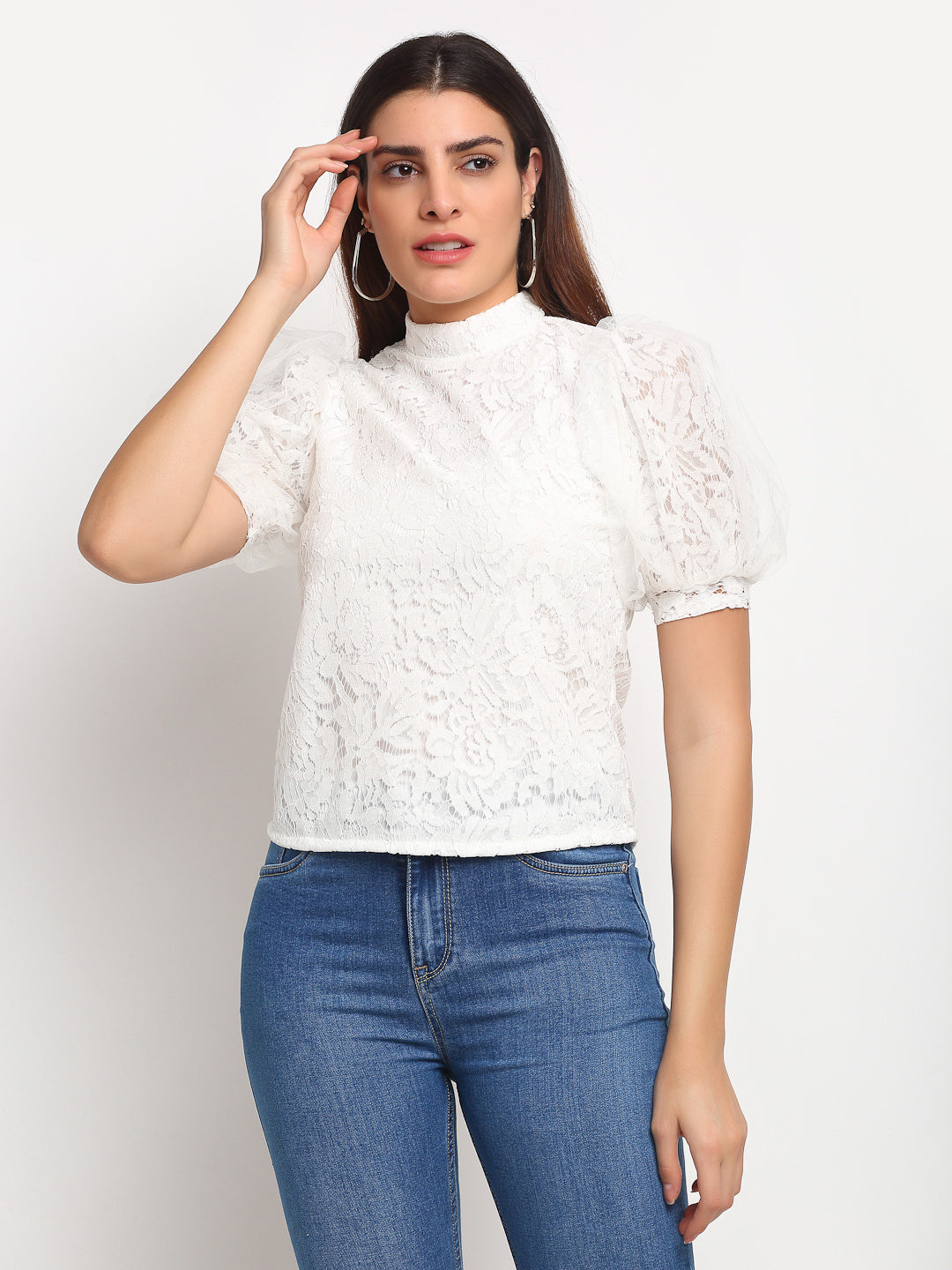Women White High Neck Solid Top