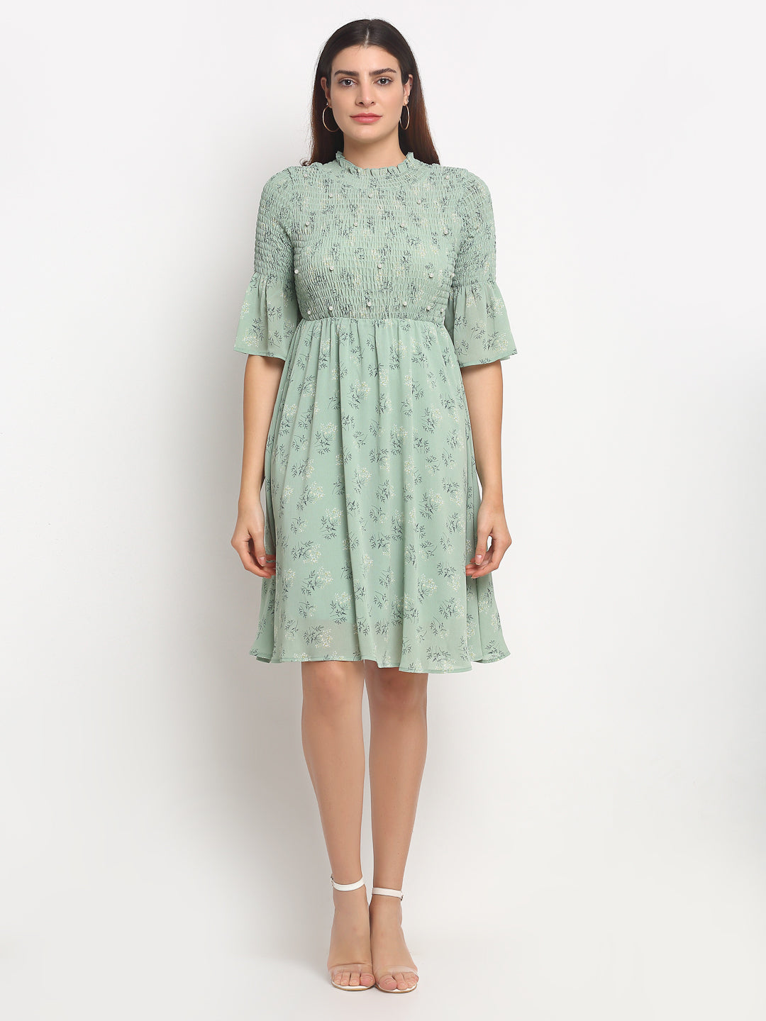 Blue Floral Knee Length Dress