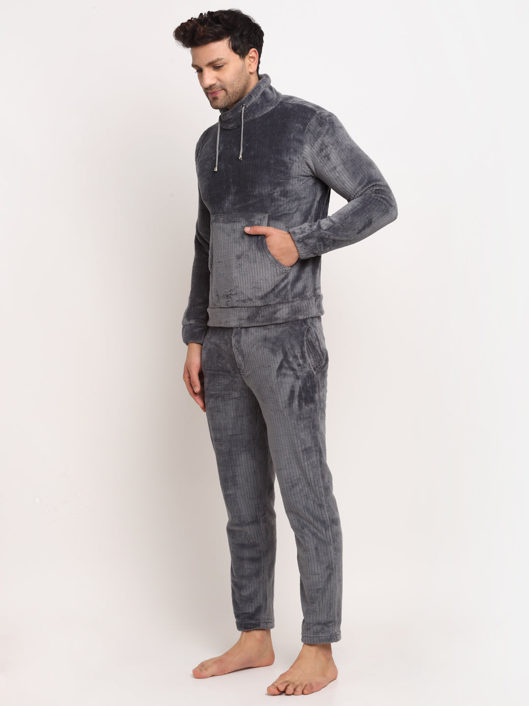 Men Grey High Neck Solid Night Suit