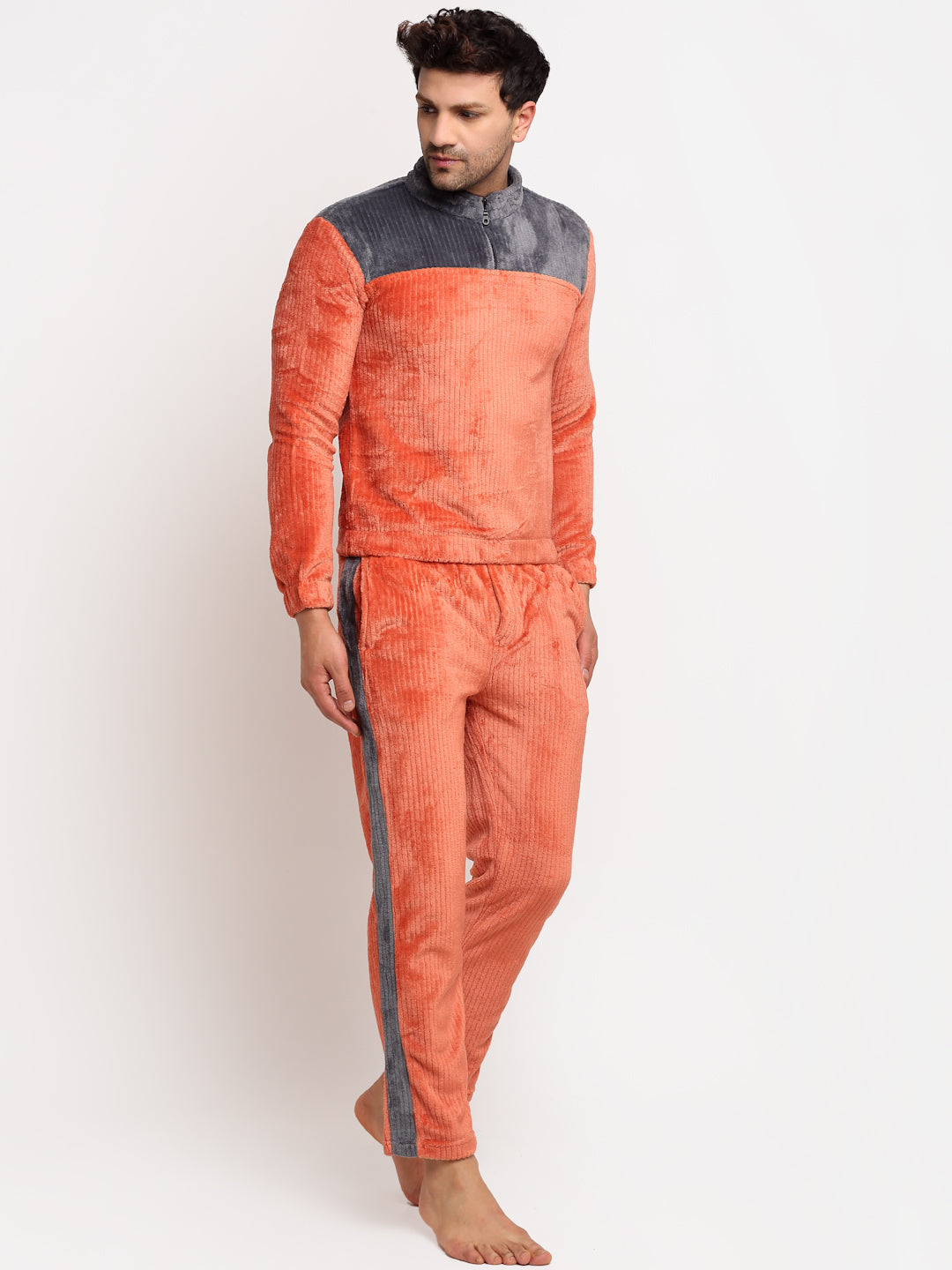 Men Rust Grey High Neck Solid Night Suit