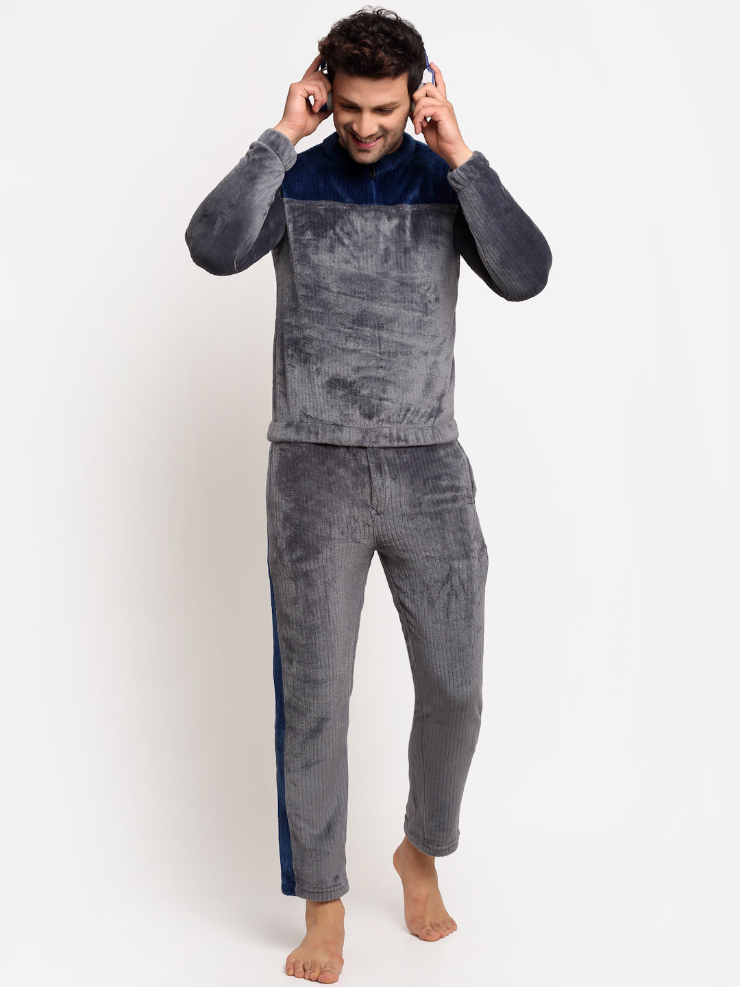 Men Grey Navy High Neck Solid Night Suit