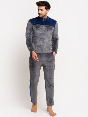 Men Grey Navy High Neck Solid Night Suit