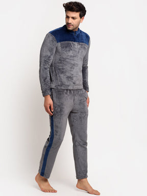 Men Grey Navy High Neck Solid Night Suit