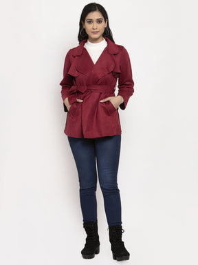 Women Maroon Collared Jacket