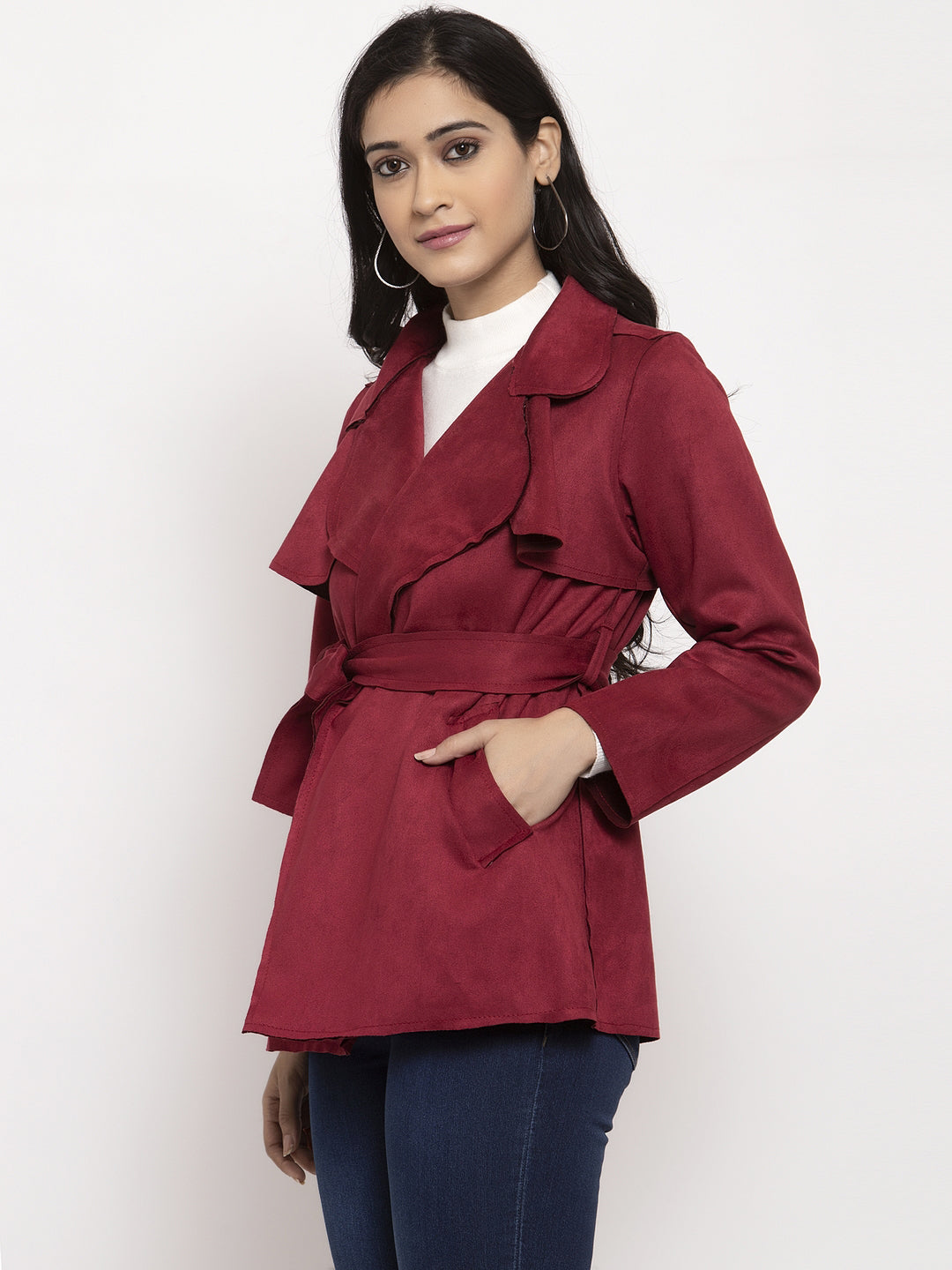 Women Maroon Collared Jacket