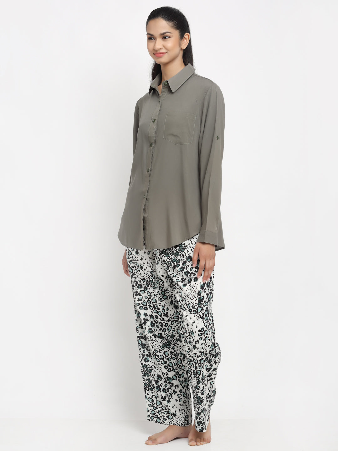 Women Olive Night Suit Printed Bottom