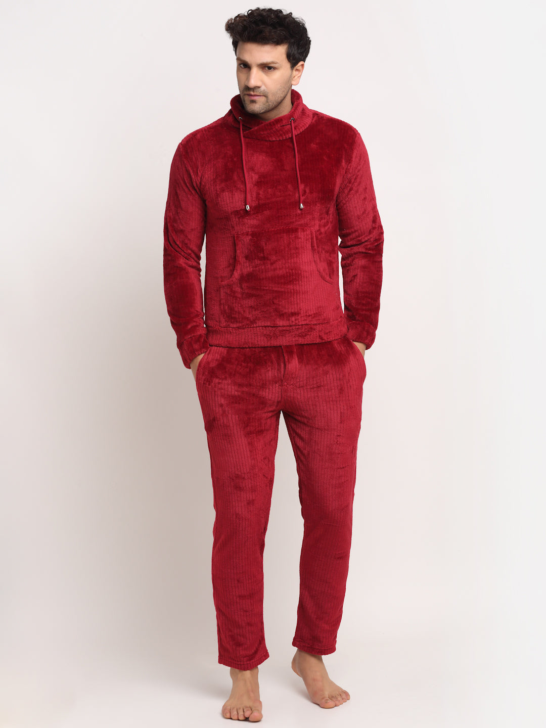 Men Maroon High Neck Solid Night Suit