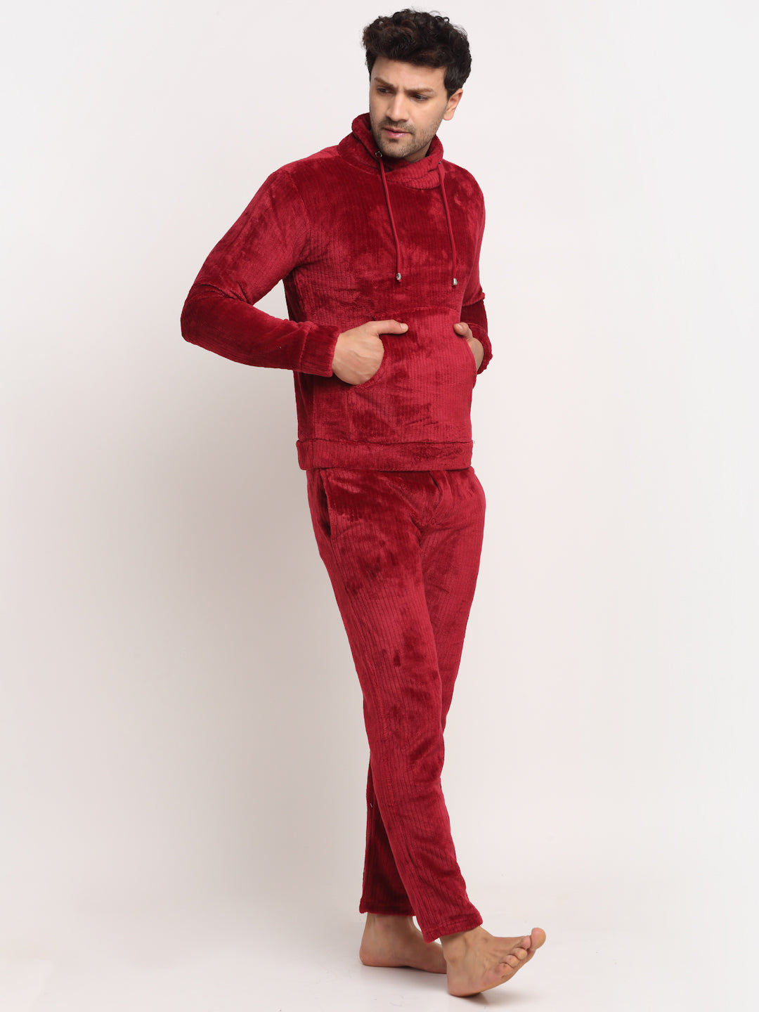 Men Maroon High Neck Solid Night Suit