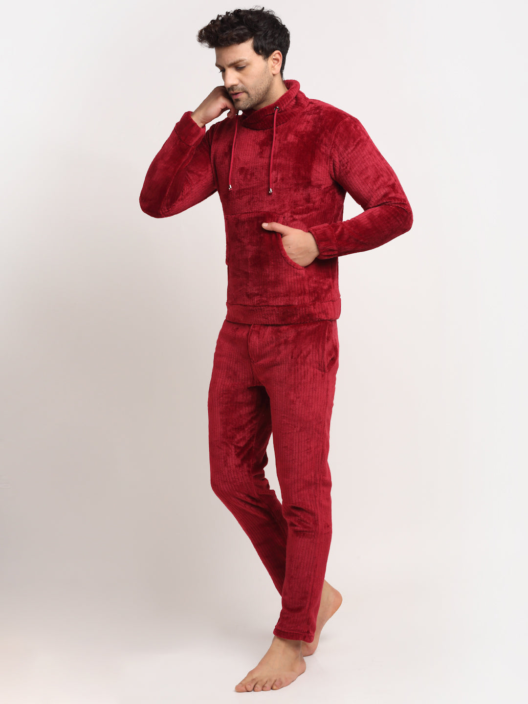 Men Maroon High Neck Solid Night Suit