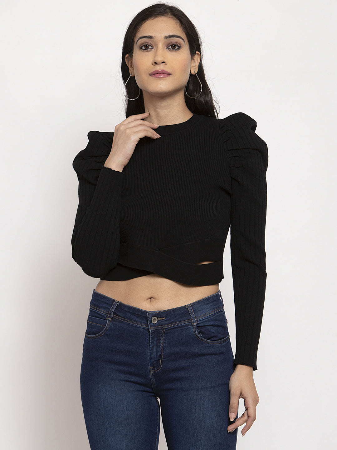 Women  Round Neck Pullover With Black