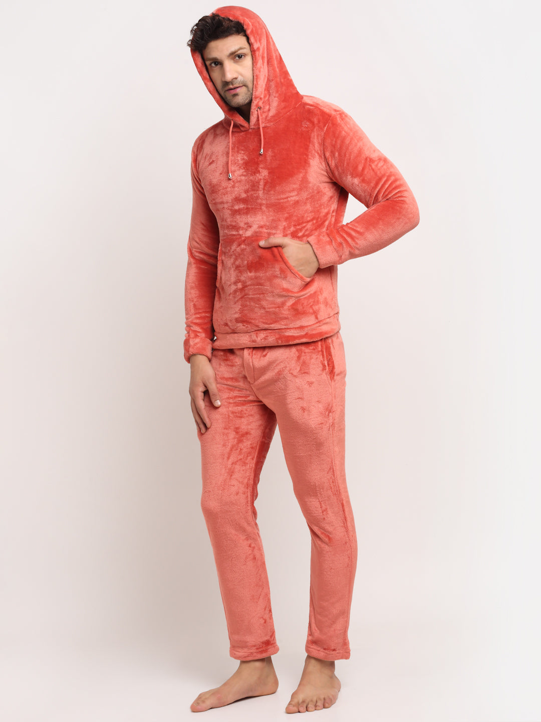 Men Rust Hooded Solid Night Suit