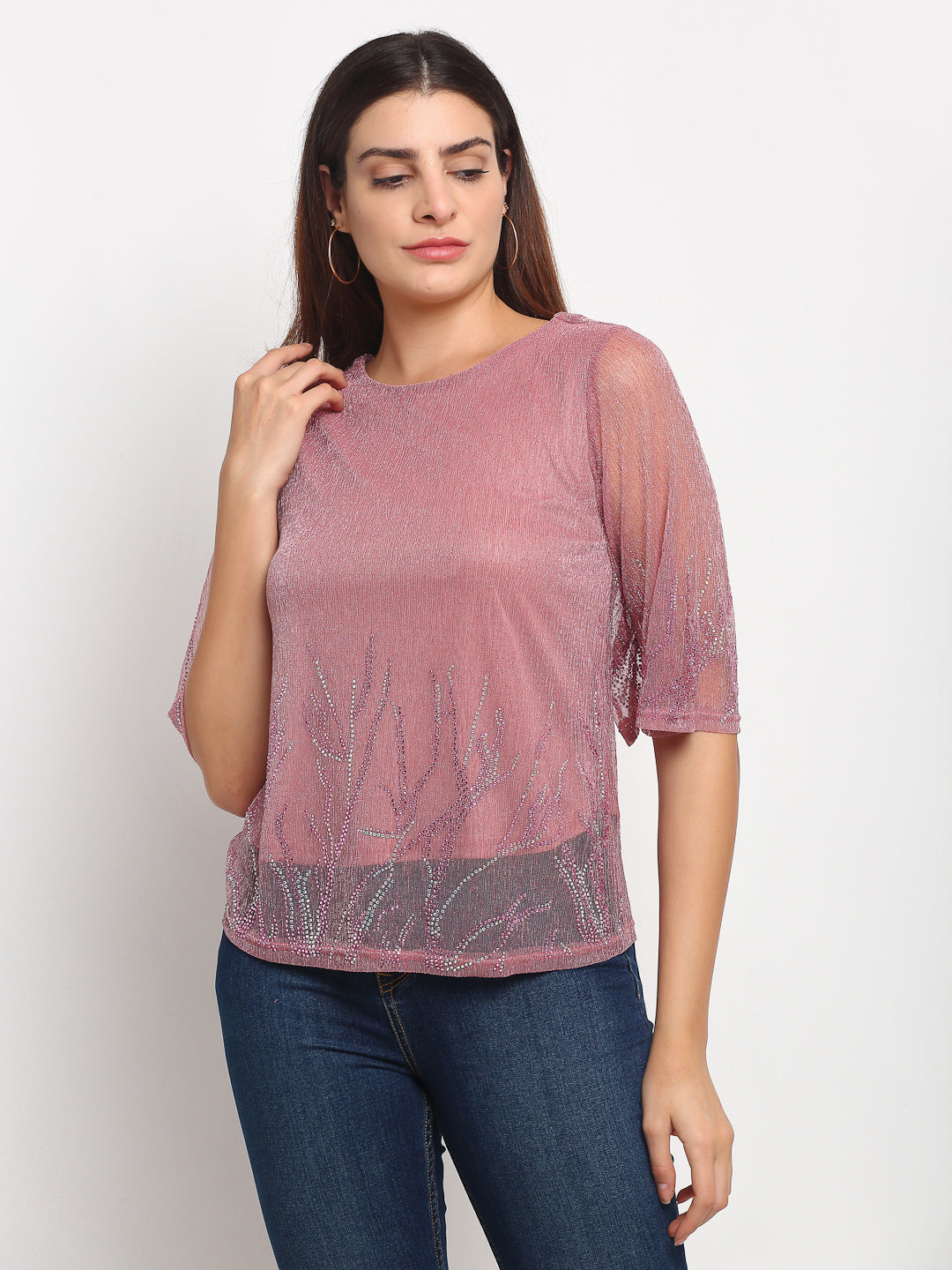 Women Pink Round Neck Solid Top