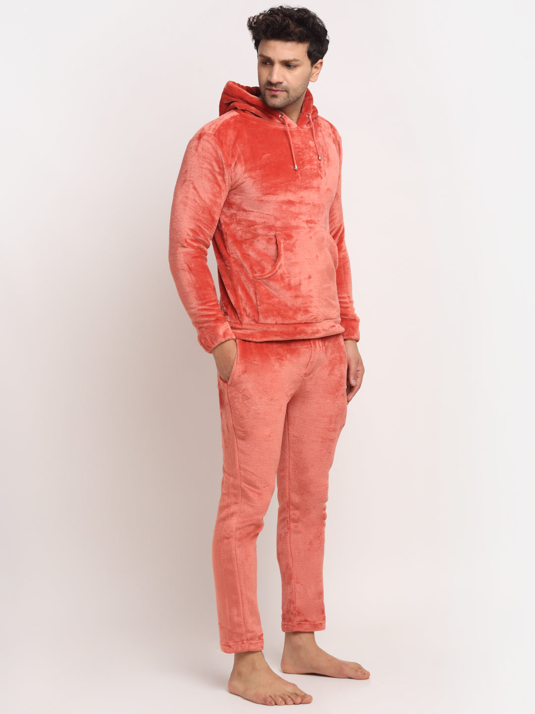 Men Rust Hooded Solid Night Suit