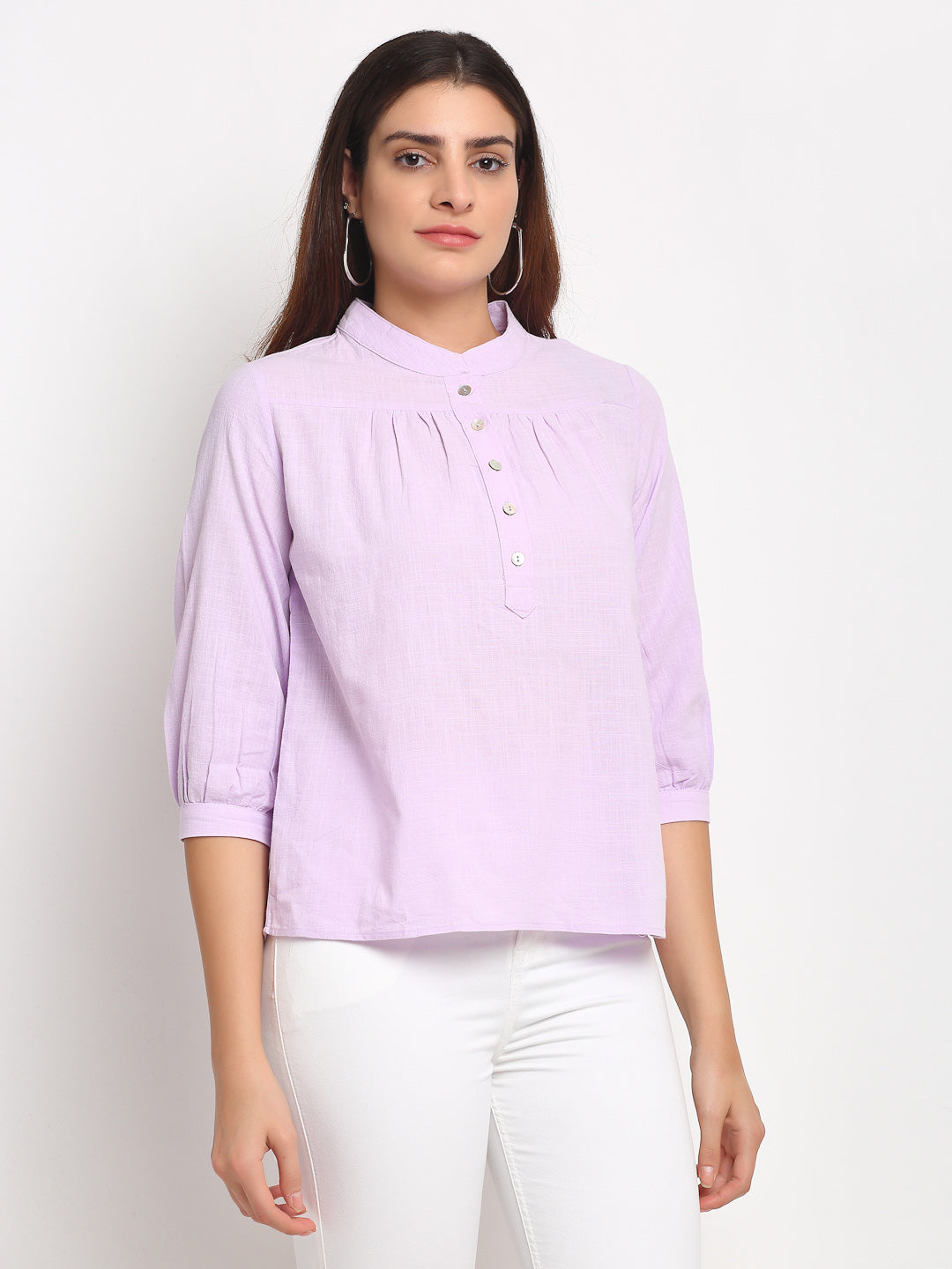 Women Mandarin Collar Purple Top