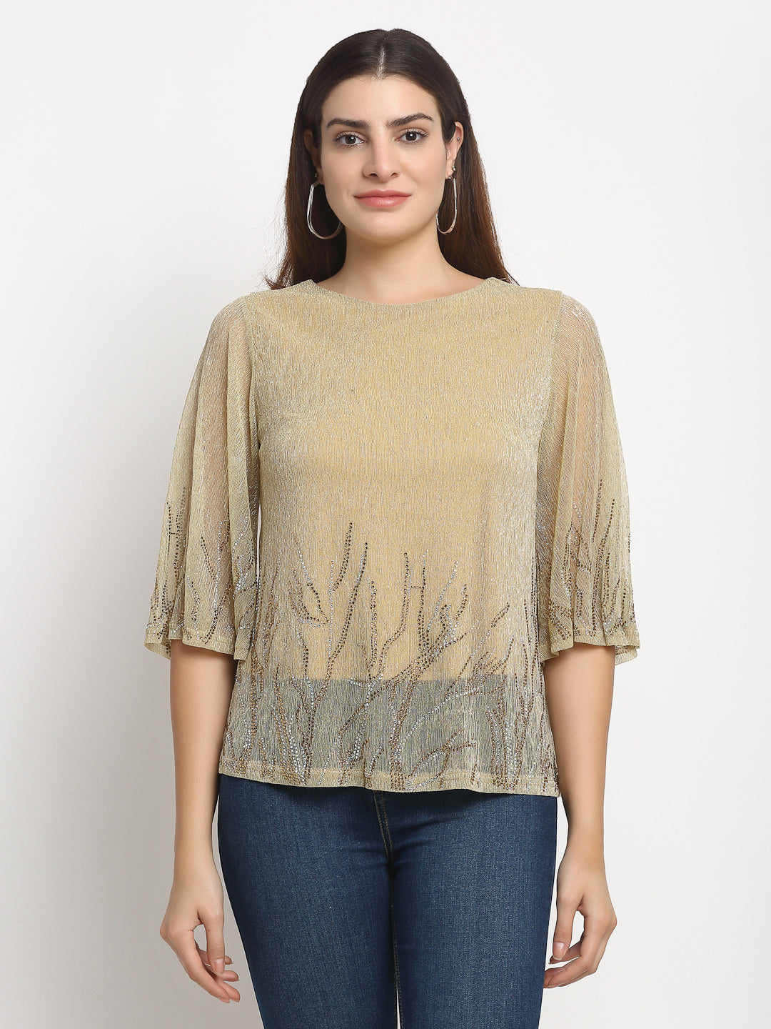 Women Gold Round Neck Solid Top